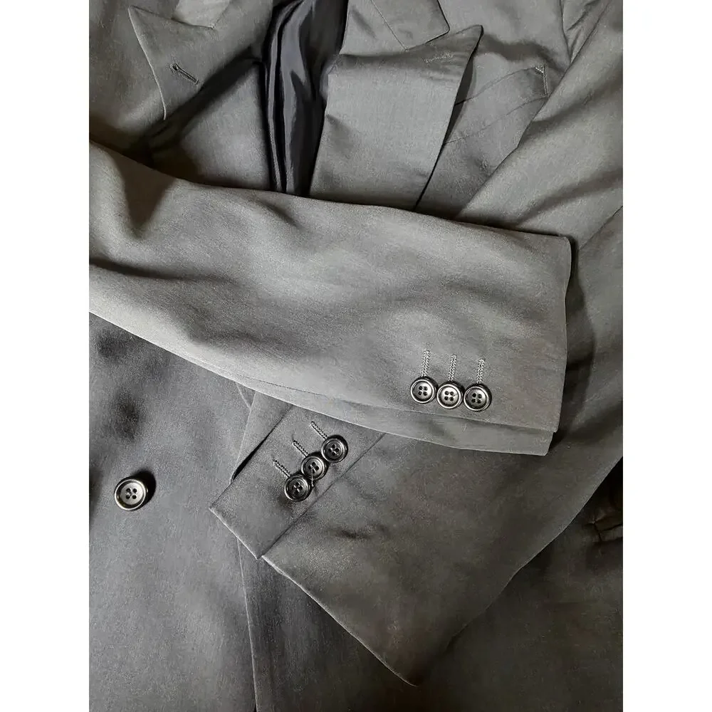 VTG Hugo Boss Double Breasted Blazer Germany Silk Wool Charcoal Grey Jacket 38R